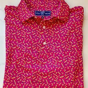 USA Palm Men's Long Sleeve Performance Silky Soft Polo Vibrant Pink Geometric L